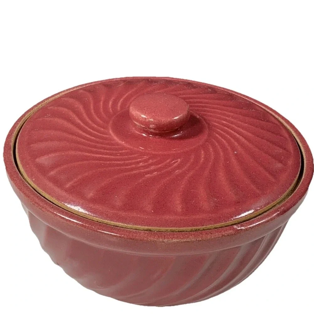 Vintage Bean Pot Casserole Dish Lidded Red Swirl Pottery USA Oven Ware Rustic